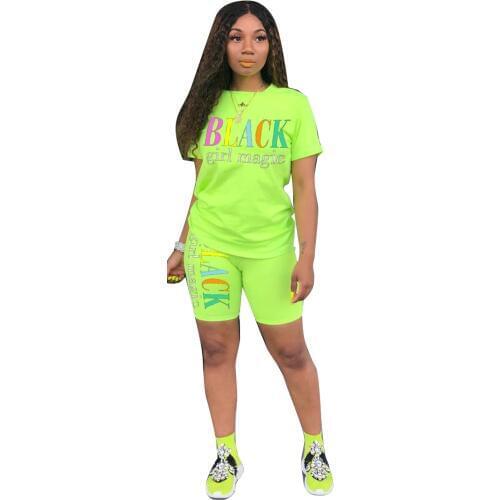 Adogirl Letter Print Summer Casual Two Piece Set O Neck Short Sleeve T Shirt Top Skinny Shorts Fashion Tracksuit Female Clothes