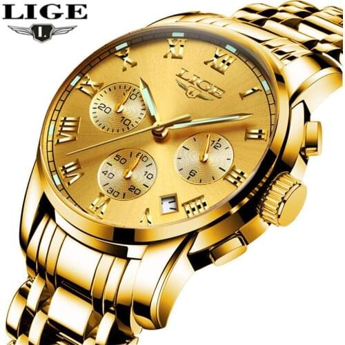 LIGE Top Brand Luxury Business Quartz Gold Watch Men Full Steel Fashion Waterproof Sport Clock Relogio Masculino