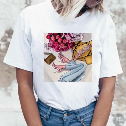 Fashion High heels printed Women T shirt white Tops clothing New t-shirt Harajuku personality hipster Thin section tshirt female