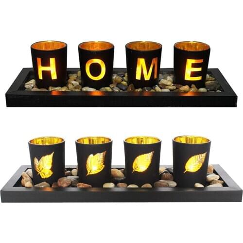 Candle Holders Set, Includes Ornamental Stones Black Wood Tray and 4 Glass Cups, Decorative Holiday Gift for your Loved One