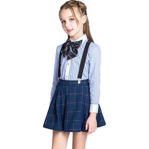 Formal Girls Outfit Set Kids Striped Shirt with Suspender Skirt and Bow Outfit Back to School Clothing Set