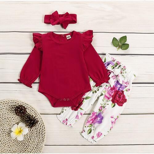Autumn And WinterS Popular Solid Color Long Sleeve Top + Flower Printed Pants + Headdress GirlS Lovely Fashion Suit