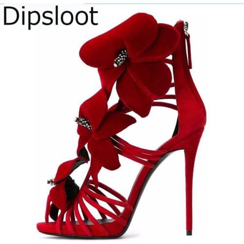 Sexy Bright Red Sandalias Mujer Crystal Decor Stereo Flowers Stiletto Heels Women Ankle Strap Open Toe Floral Beauty Sandals