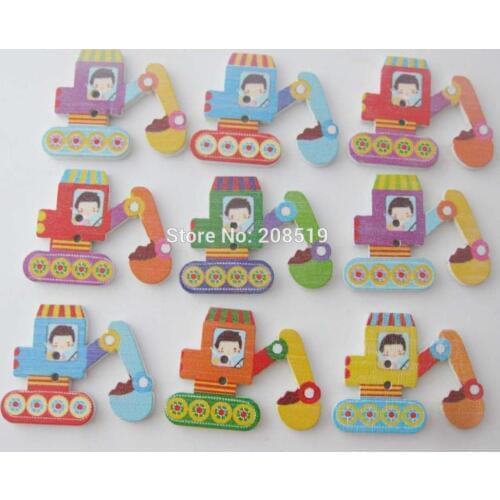 WBNGON cutely children buttons Digging machine Mix 100 pieces 2 holes wood button scrapbooking DIY
