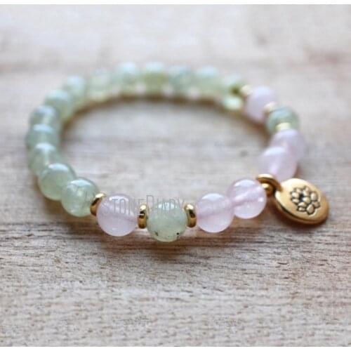 WMB36726 Lotus Mala Wrist Bracelet Prehnite Yoga Beads Rose Quartz Mala Bracelet Yoga Jewelry Spiritual Jewelry Healing