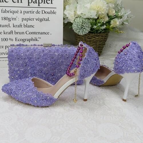 Womens Sandals 2021Bride Wedding shoes Purple Lace Flower Pointed Toe High Heel Ladies Party Dress Shoes And Bag Lavender Pumps