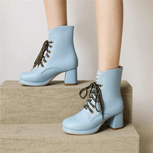 YMECHIC Concise Lace-up Pearl Ankle Boots Womens 2021 Winter Fashion Cross-tied Party Shoes Big Size 34-45 Black Pink Yellow