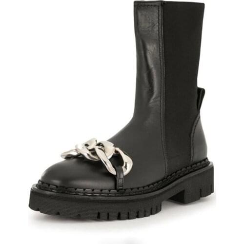 Thick Sole Metal Chain Mid Calf Boots Women Real Leather Elastic Band Platform Shoes Runway Autumn Winter Short Boots Female