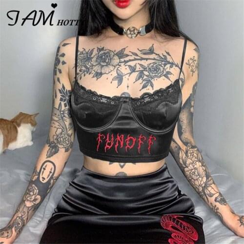 Gothic Dark Academia Contrast Letter Embroidery y2k Corset Crop Top Women Lace Black Spaghetti Strap Summer Retro Camis Iamhotty