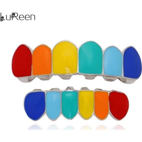 LuReen Fashion Rainbow Gold Teeth Grillz For Women Top Bottom Colorful Dental Grills Set Tooth Cap Body Hip Hop Jewelry Gift