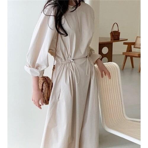 New 2020 Womens Autumn Dresses Casual High Elastic Waist Lady Vintage Zipper Drawstring Oversize Long Dress One Size