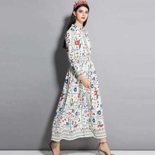 Dresses Fashion Runway Women Elegant 2021 Spring Autumn New Beige Bow Floral Elastic Bohemian Long Dress