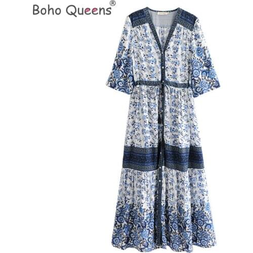 Boho Queens Floral print bat sleeve beach long Bohemian happie dress Ladies V neck Tassel Summer maxi dress