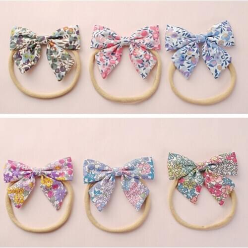 12pcs Cute Cotton Fabric Bows Nylon Headbands,Baby Girls Flowers Prints Knot Nylon Head Bands Toddler Infants Elastic Hairbands