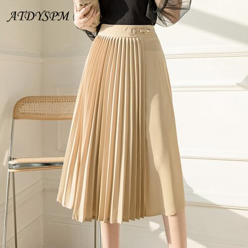 2021 Summer Fashion High Waist Skirts Women Vintage Pleated Midi Skirts Elegant Lady Simple Casual A-Line Skirt Saia Mujer Falda
