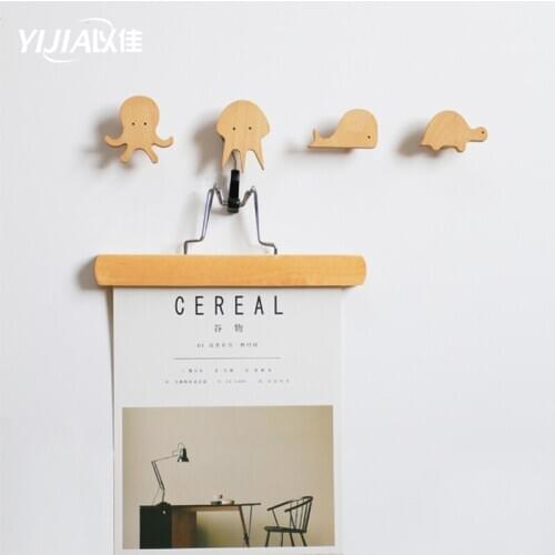 Solid wood marine animal design Cartoons decorative hook cute creative children hook 4 pcs coat hooks for wall