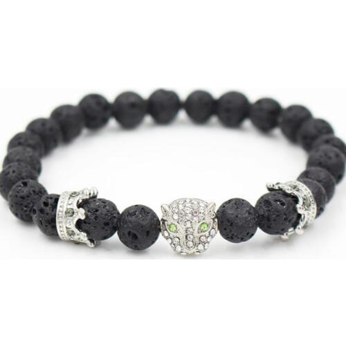 8mm iol5 gold silver micro pave cz zircon cubic zirconia Bracelet elastic adjusted bead lion black stone volcanic lava Bangles