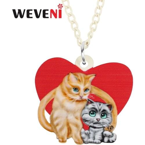 WEVENI Mothers Day Acrylic Sweet Heart Shape Cat Kitten Necklace Pendant Long Fashion Pets Chain Jewelry Gift For Women Girls