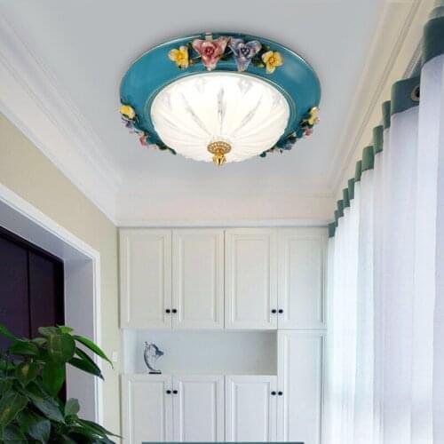 American blue ceramic led ceiling lamp bedroom living room dining room balcony Mediterranean retro resin ceiling lamp