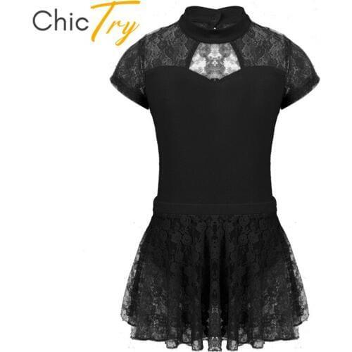 ChicTry Girls Short Sleeves Ballet Leotard with Ballet Tutu Skirt Floral Lace Gymnastics Leotard Kids Stage Dance Costume Set