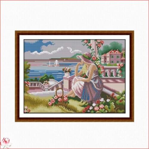 A Girl Looking At The Sea Cross Stitch Kit DIY Pattern Embroidery Kit 14CT 11CT Needlework Sewing Kit Home Decoration Painting