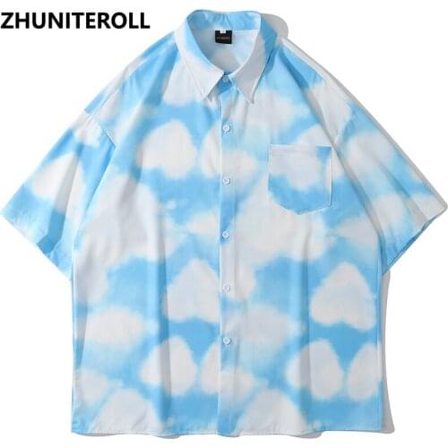 Harajuku 2021 Hawaiian Blouse Hip Hop Streetwear White Cloud Print Short Sleeve Vintage Shirts Fashion Casual Men Summer Tops