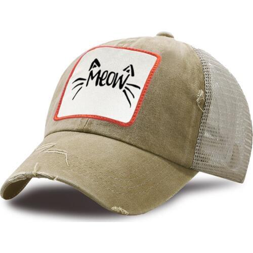 Outdoor Washed Fray Mesh Caps Unisex Cartoon MEOW Cute Cat Snapback Hat Sport Sunscreen Sun Hats Adjustable Cotton Baseball Cap