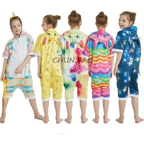 2020 Summer Girls Rainbow Unicorn Kigurumi Pajamas Unicorn Overalls Kigurumi Cat For Kids Boys Girls Dinosaur Pajamas