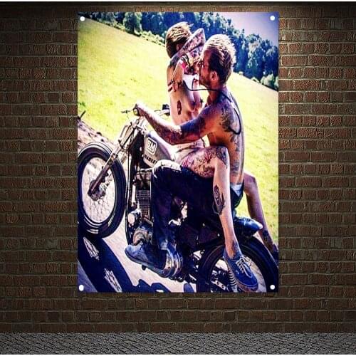 Kiss Racer Biker Moto Lady With Tattoos Banner Wall Hanging Sexy Art Painting Tapestry Motorcycle Poster Flip Chart Home Decor