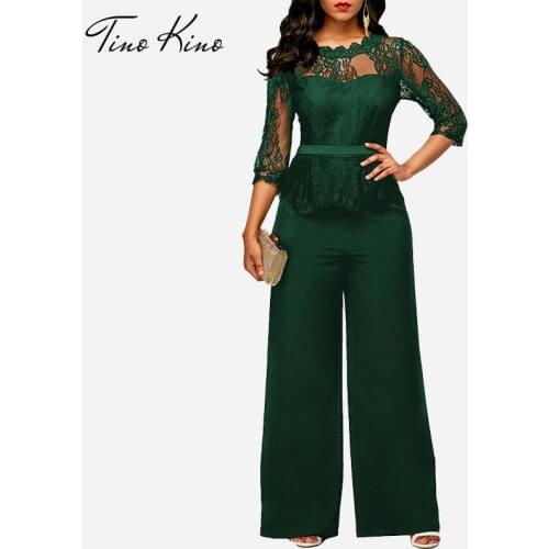Womens Plus Size Jumpsuit Loose Solid Color Playsuit Party Romper Female Half Lace Sleeve Party Elegant Long Jumpsuits Women