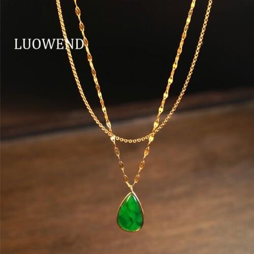 LUOWEND 100% Real 18K Yellow Gold Pendant Necklace Natural Jade Women Engagement Necklace Water Drop Shape Gemstone Jewelry