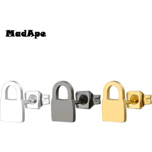 MadApe Cute Lock Earrings Stainless Steel 3 Color Gold Silver Color And Black Color Punk Style Lock Stud Earrings For Men