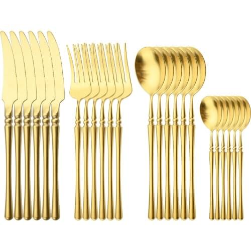 24Pcs Matte Gold Tableware 18/10 Stainless Steel Cutlery Set Vintage Knife Fork Teaspoon Dinnerware Set Patry Kitchen Silverware