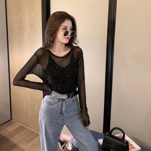 Transparent Sunscreen Clothes Shiny Thin Gauze Black Long Sleeve T-Shirt Sexy Blouses Chic Loose Korean Fashion Top Female