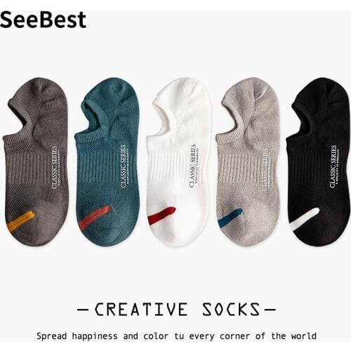 SeeBest mens ankle socks no show fashion breathable cool spring summer boat slipper sock for male 5 pairs black white