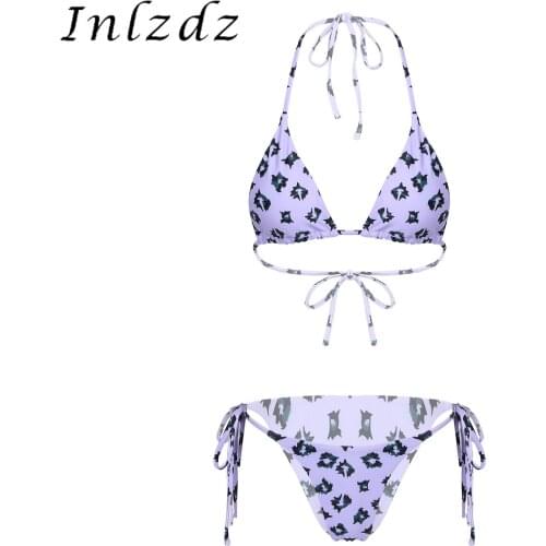 Sexy Womens Lingerie Printed Swimsuit Two-piece Swimwear Adjustable Lace-up Halter Neck Bikini Set Beach Sunbathing Bathing Suit