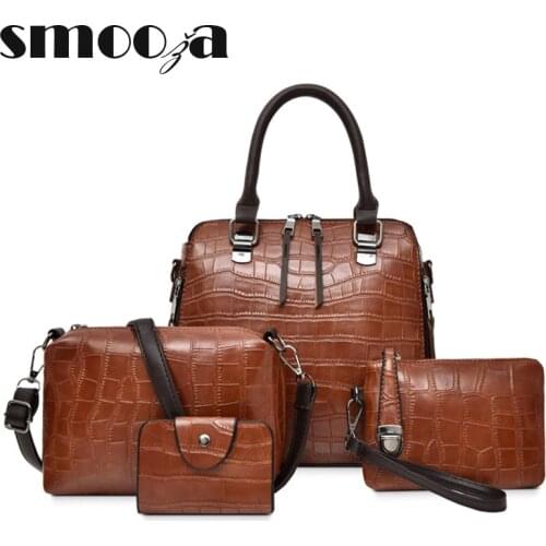 SMOOZA 2021 Alligator Leather Shoulder Ladies Purses and Handbags 4 Piece Handbag Set Sets for Women Bags Female Brown Bag