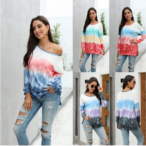 Off Shoulder Tie Dye Gradient Sweatshirts Women Oversized Loose Hoodies Casual Long Sleeve Fashion Ladies Autumn Pullovers Tops