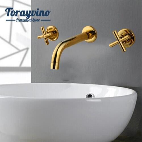 Torayvino Bathroom Wall Mounted Faucet Gold Faucet white Painting tap Double handle Basin faucets mixer Sink