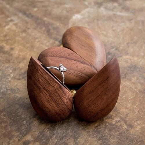 Heart Shaped Walnut Wood Ring Box Velvet Soft Interior Holder Organizer Jewelry Wooden Box Case for Proposal Engagement