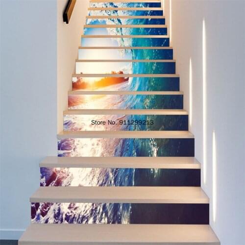 6pcs/13pcs Vinyl Peel and Stick Wallpaper DIY Sea World Stair Stickers Decals Removable Staircase Murals Wall Decals Home Decor