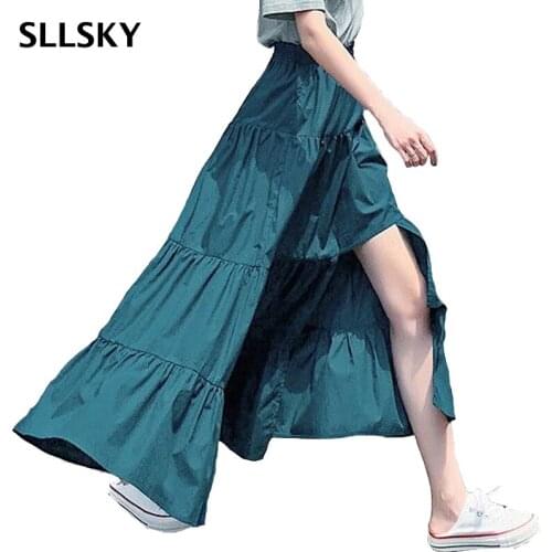 SLLSKY Sweet Style Solid Color Irregular Skirts Women 2021 Summer New Elastic High Waist Big Hem A-Line Mid-Calf Skirt Female