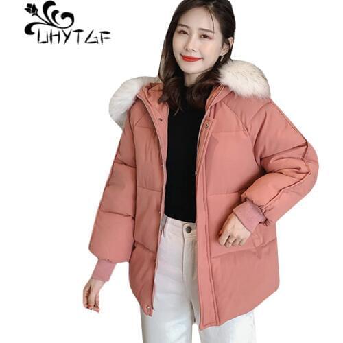 UHYTGF Plus size jacket woman winter Down jacket parkas mujer Fur collar hooded casual warm coat casacos de inverno feminino 898