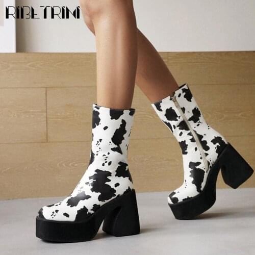 RIBETRINI On Sale Brand Square Toe Platform Chunky High Heels womens Boots Zipper Cow Punk Fashion Party Dress Autumn Shoes