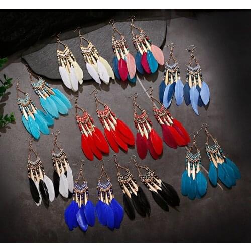 Ladies Earrings Boho Feather Tibetan Jewelry 2020 Brincos Bijoux Vintage Bohemia Long Tassel Drop Earrings
