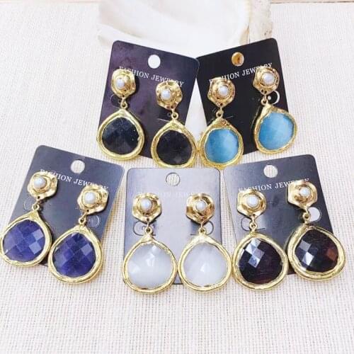 24K Gold Plated Cat Eyes Stone Earring Drop Earring Mix Color Woman Earring Wholesale 2pairs