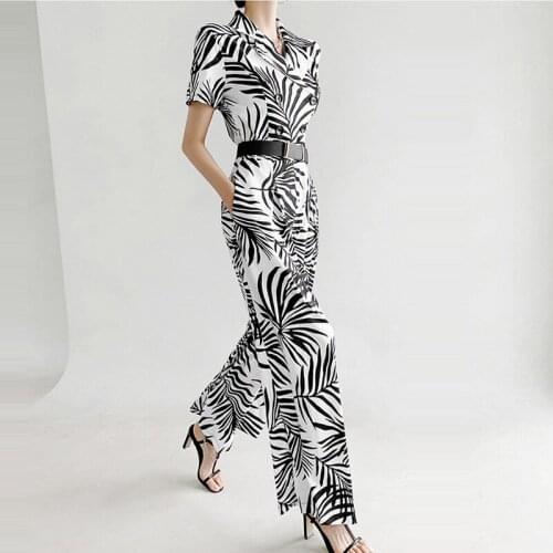 Fashion Women Korean Elegant Casual Vintage Button Short Sleeve Beach Wide Leg Loose Jumpsuit Female Print Sashes Long Rompers