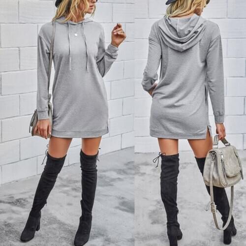 Women Long Sleeve Loose Sweatshirt Solid Color Tie Dye Drawstring Hoodie Split Pullover Tunic Tops with Pockets