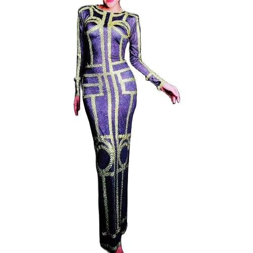 Flashing Diamonds Sequin Skinny Stretch Floor-Length Dresses Long Sleeve Luminous Backless Women Dresses Party Show Stage Wear