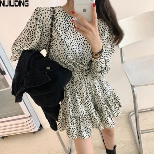 Heart-shaped Women Chiffon Dresses 2021 Spring Long Sleeve O-Neck Elastic Waist Ruffle Sexy Short Mini Dress Mujer Vestidos New